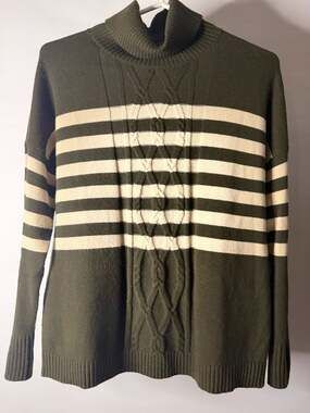 J.Jill Green and Cream Striped Cable-Textured Turtleneck Sweater XS Petite